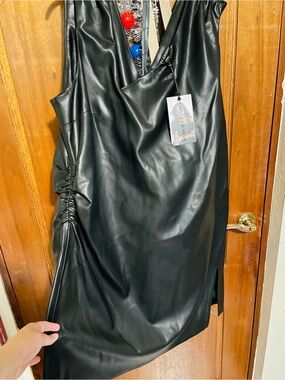 Ashley Graham Sleeveless Faux Leather Black Dress